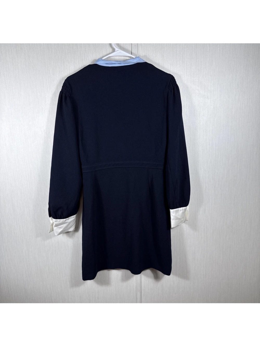 Women’s Sandro Paris Dress S 6 (38) Navy White SilkCuffs Lt Blue Neck Tie V Neck - Picture 8 of 10